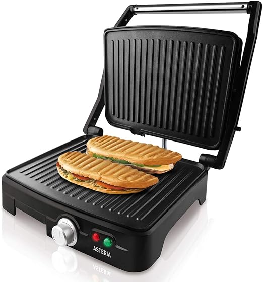 Taurus Asteria - Grill y plancha de asar, 2200W, placas de 28 x 22 cm, parrilla eléctrica con regulador de temperatura, apertura 180º, asa de toque frío, antiadherente libre de PFOA, Negro/Inox