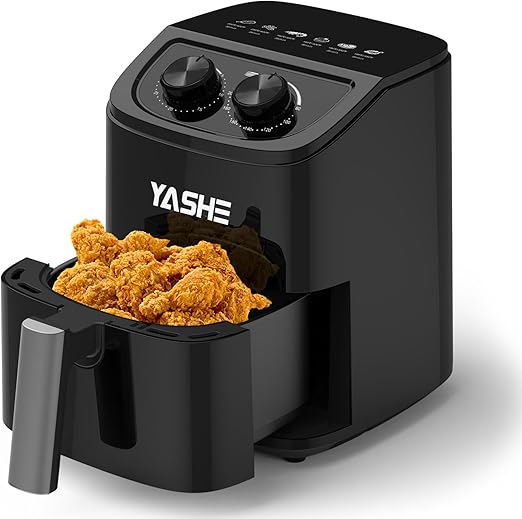 YASHE 2,3L Freidora Aire para 1–2 Personas, Compacta Air Fryer con 6 Opciones de Menú, Doble Mando Manual, Aire Caliente 3D, Cesta Antiadherente Apta para Lavavajillas, Cocina Saludable y Rápida