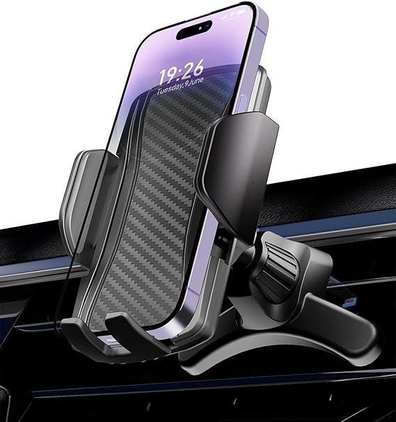 Hoppac Support Telephone Voiture Grille Aeration, Porte Téléphone Voiture, Accroche en Acier, 360° Rotation, Bouton de Libération, Socles Téléphone Portable Automobile pour Smartphone iPhone 4-7 in