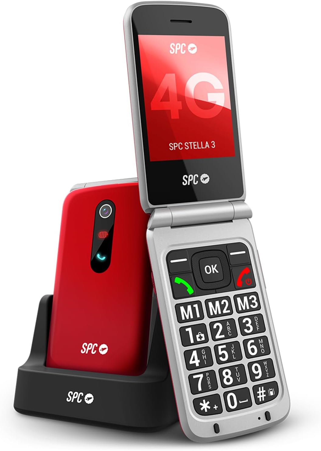 SPC Stella 3 - Teléfono móvil para Mayores con Tapa y 4G | Menú y Teclas Grandes | Botón SOS, configuración remota, Compatible audífonos y Volumen 103dB | Base de Carga y 3 memorias directas, Rojo