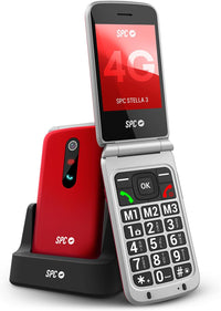 SPC Stella 3 - Teléfono móvil para Mayores con Tapa y 4G | Menú y Teclas Grandes | Botón SOS, configuración remota, Compatible audífonos y Volumen 103dB | Base de Carga y 3 memorias directas, Rojo
