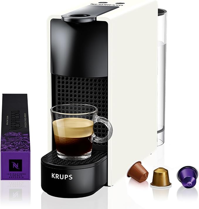 Krups Nespresso Essenza Mini XN1101 - Cafetera monodosis cápsulas Nespresso, compacta, 2 programas de café,19 bares, apagado automático, color blanco, incluye kit bienvenida
