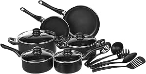 Herzberg HG04241, Batería de Cocina Antiadherente de 13 Piezas, Negro, Acero al Carbono Duradero, Tapas de Vidrio Templado, Compatible con Todas las Fuentes de Calor, Lavable en Lavavajillas