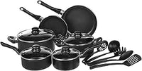 Herzberg HG04241, Batería de Cocina Antiadherente de 13 Piezas, Negro, Acero al Carbono Duradero, Tapas de Vidrio Templado, Compatible con Todas las Fuentes de Calor, Lavable en Lavavajillas