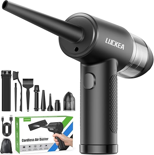 Aire Comprimido Limpieza PC Soplador de Aire - 3 Velocidades Aspirador Soplador de Mano Potente, 6000mAh, 3 Cepillos Antiestáticos, Air Duster Soplador Aspirador Portatil para Coche Oficina