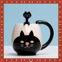 Xfeyaqlo Taza con Cuchara Taza Gato Negro Lindo Pintado a Mano Taza de Cerámica Taza de Desayuno Taza de Café Taza Te Mug Cafe Taza de Leche, Regalos para Propio, Amigos, Familia