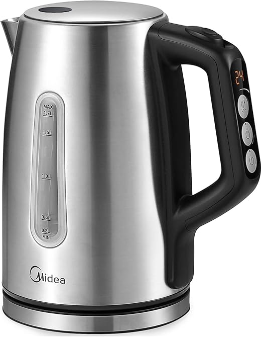 Midea Hervidor de Agua Eléctrico con Control de Temperatura (40, 60, 70, 80, 90, 100℃), Acero Inoxidable 1,7L Kettle, Hervidor Agua 2200W con Indicador del Nivel de Agua, Mantener caliente 60 minutos