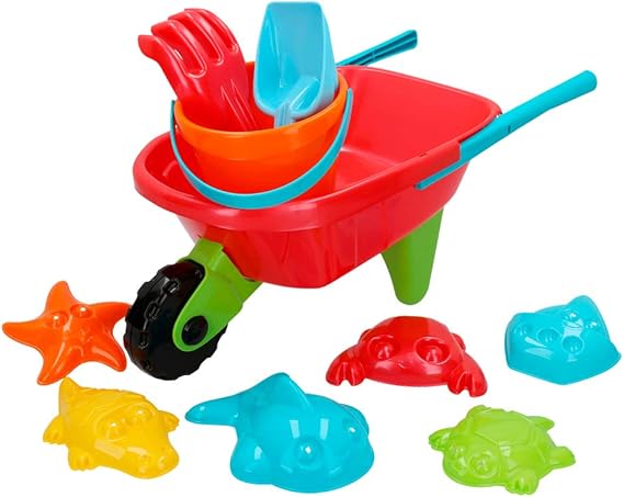 ColorBaby - Carretilla de playa con 1 cubo, 1 rastrillo, 1 pala y 6 moldes (43507)