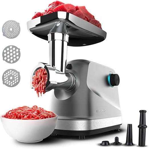 Cecotec Picadora Eléctrica de Carne Crusher 1400 Steel, 1360 W, Óptimo para Picar, Trocear y Cortar, 1 Cuchilla Acero Inox y 3 Placas de Corte con agujeros para 3 mm, 5 mm y 7 mm