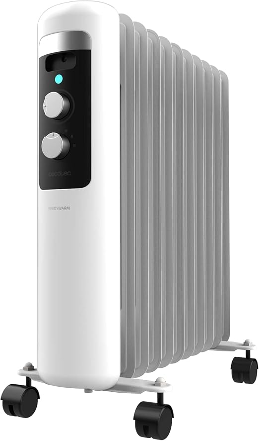 Cecotec Radiador Eléctrico de Aceite Bajo Consumo de 11 Módulos ReadyWarm 11050 Space White. 2500W, 3 Niveles de Potencia, Sistema de seguridad y Ruedas, Ideal para 25m², Blanco