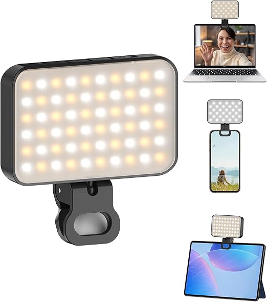 TONEOF Luz Portátil, Luz Selfie Recargable 2000mAh con Clip Giratorio de 360°, Ajuste de Estudio en 10 Niveles, Luz Movil para Videollamadas/Estudio Fotografía/Maquillaje/TikTok/Zoom-Negra