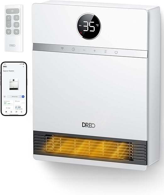 Dreo Inteligente Calefactor Bajo Consumo, Oscilación de 30°, 2000W Termoventilador Electrico, Calefactor Baño Pared, Termostato Ajustable, Control Remoto, 24H Temporizador, Instalación Sencilla, Alexa
