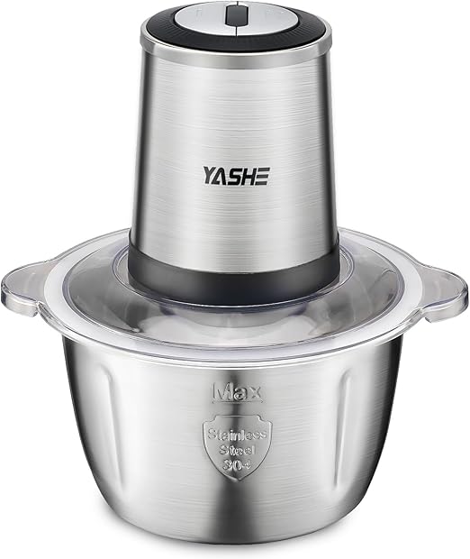 YASHE Picadora Eléctrica 500W, Procesador de Alimentos Eléctrico con Bol de Acero Inoxidable de 1,8L, Picadora de Carne con 4 Cuchillas Dobles, 2 Velocidades