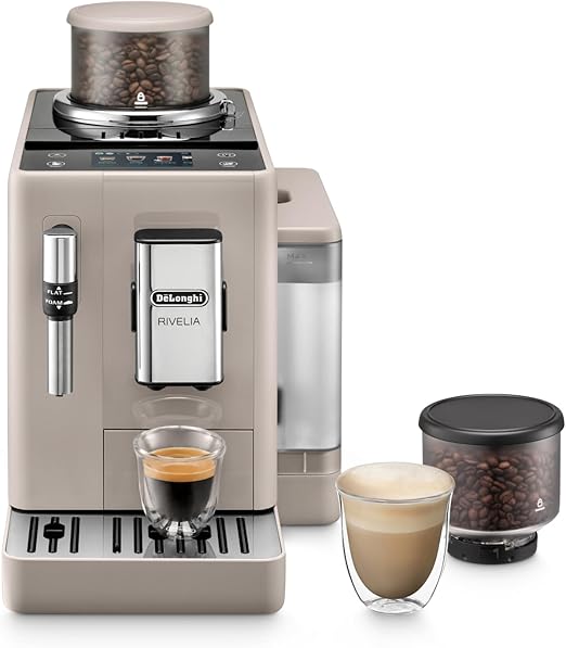 DeLonghi Rivelia EXAM440.35.BG, Cafetera Superautomtica con Espumador de Leche Manual, Tamao Compacto, 8 Recetas, Pantalla Tctil a Color, Beige Arena