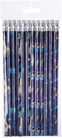 Juego de 12 lápices con goma de borrar, espacio espacial, 19 cm