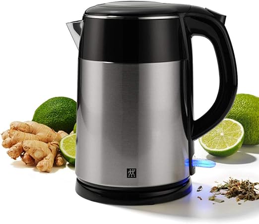 Hervidor Eléctrico Zwilling con Indicador de nivel de agua, Apagado automático, Doble pared, Asa resistente al calor, Inalámbrico, Filtro de malla antical, Tapa con bisagra, Plateado y Negro