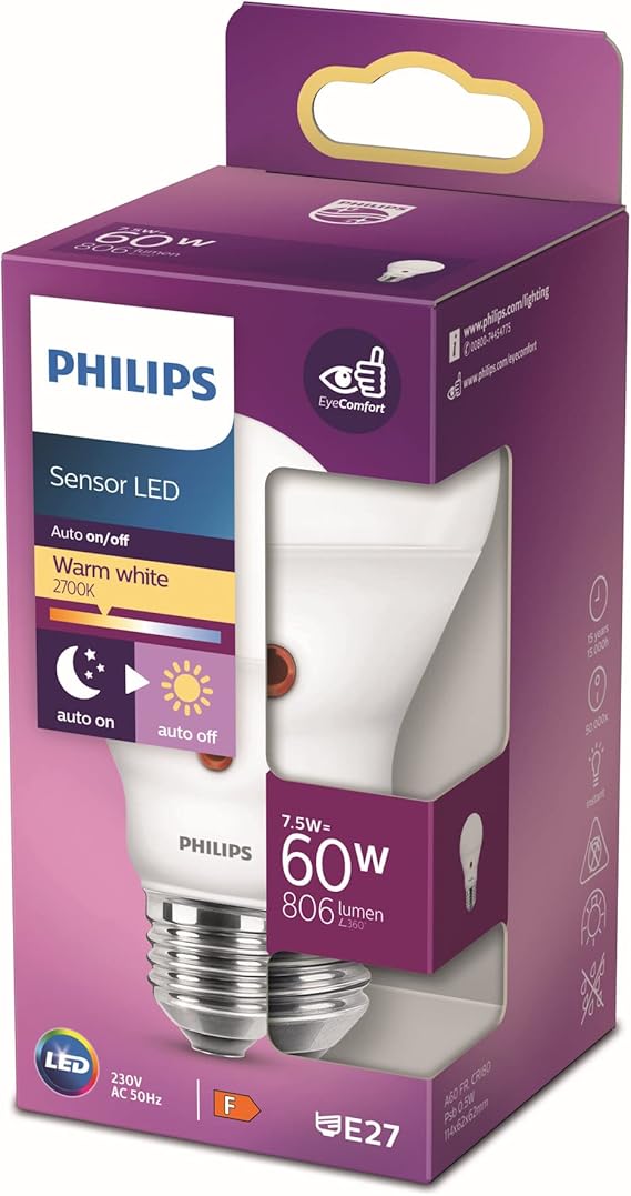 Philips LED Lampe mit Tageslichtsensor 60W, warmwei脽 (2700 Kelvin), 806 Lumen, Lichtsensor