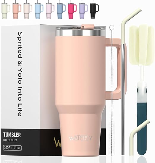 WATERSY Vaso con Pajita 20 oz, 591 ml Taza de Café con Asa, Vaso Termico para Tapa Acero Inoxidable, para Frío y Caliente, Termo de Agua Doble Pared, Travel Mug (Rosa)