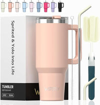WATERSY Vaso con Pajita 20 oz, 591 ml Taza de Café con Asa, Vaso Termico para Tapa Acero Inoxidable, para Frío y Caliente, Termo de Agua Doble Pared, Travel Mug (Rosa)