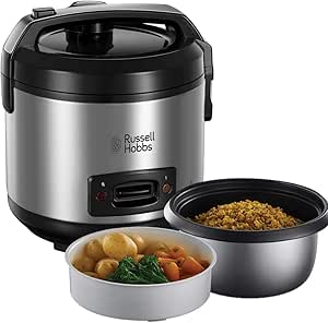 Russell Hobbs- Vaporera y arrocera grande (antiadherente, tapa de cristal, 500 W, 14 raciones, Gris), 27080-56
