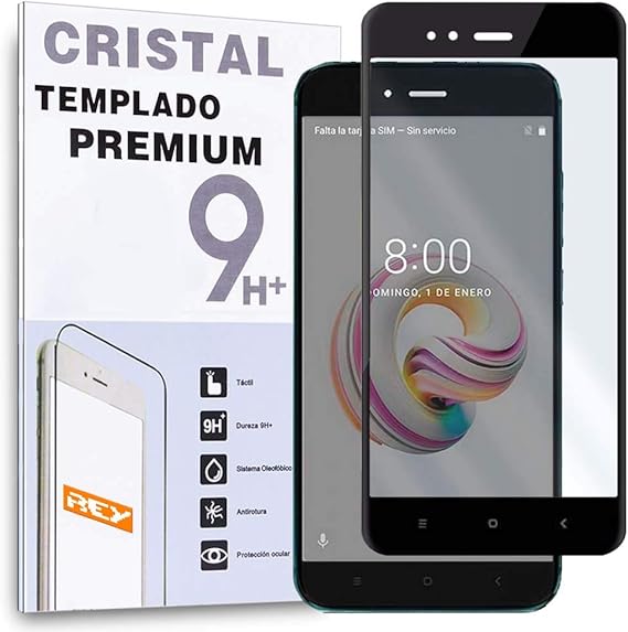 REY - Protector de Pantalla Curvo para XIAOMI MI A1 - MIA1 - MI5X - MI 5X, Negro, Cristal Vidrio Templado Premium, 3D / 4D / 5D