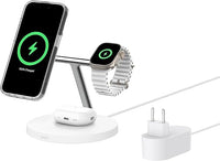 Belkin BoostCharge Cargador Qi2 3 en 1, Estación de Carga Inalámbrica con MagSafe, Base de Carga Qi2 para iPhone 17, Air, Pixelsnap, Apple Watch, AirPods, Fuente de alimentación - Blanco