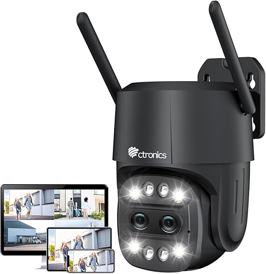 Ctronics Zoom Híbrido 6X Cámara Vigilancia WiFi Exterior con Doble Lente, Camara Seguridad Exterior, Seguimiento Zoom Automático, Detección Humano, Visión Nocturna en Color, Audio Bidireccional, IP66