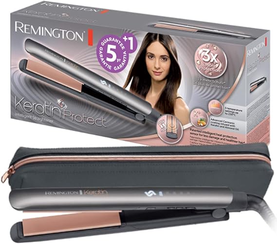 Remington Plancha Pelo 150-230 °C, sensor inteligente de protección contra el calor Keratin Protect 5 ajustes, calentamiento rápido, cerámica con queratina y aceite de almendras S8598