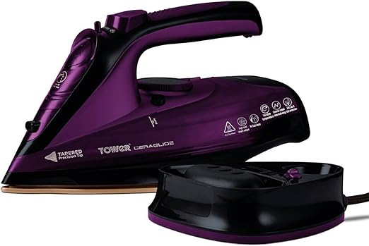 Tower T22008 Plancha Sin Cable: Plancha de Ropa sin Cable con Suela de Cerámica Ceraglide y Función de Vapor Variable: Plancha Inalámbrica de Ropa, 2400 W, Morado