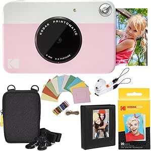Kodak: Paquete cámara instantánea Printomatic (Rosado) + Papel Zink (20 Hojas) + Funda álbum de Fotos + Marcos para Colgar + cómoda