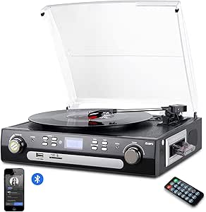 DIGITNOW! Tocadiscos Bluetooth con Estéreo Altavoces,33/45/78 RPM Apoyos Cassette/Radio/Vinilo a MP3 USB Codificación/Aux in
