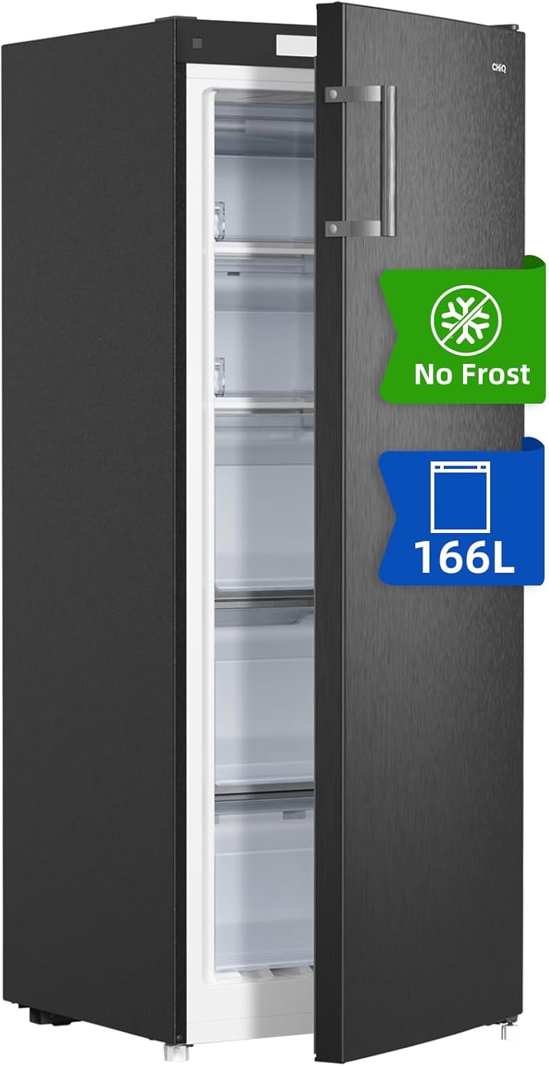 CHiQ Congelador Vertical No frost 166L,FSD166NE4E, Cajones XL, Control de Temperatura Electrónico, Puertas Reversibles, Silencioso, Ice Box, Color Inox Negro, Clase Energética E