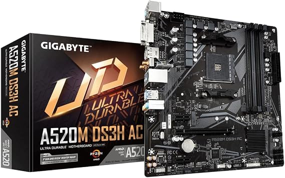 GIGABYTE A520M DS3H AC Carte Mère - Processeurs AMD Ryzen 5000 Series, VRM 5+3 Phases, jusqu'à 4733 MHz DDR5 (OC), 1xPCIe 3.0 M.2, LAN GbE, WiFi 5, USB 3.2 Gen 1