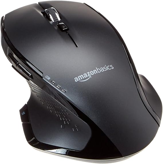 Amazon Basics Ratón inalámbrico ergonómico de tamaño normal con rueda rápida, Negro