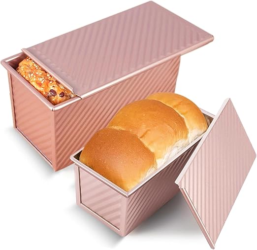 Cobenga Paquete de 2 moldes para pan con tapa, moldes para pan antiadherentes de 1 lb/0.5 lb, molde para tostadas de pan corrugado de acero al carbono con cubierta para hornear