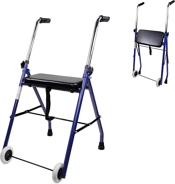 Mobiclinic®, Andador Plegable, Ajustable, Resistente, Emérita, Acero, Empuñaduras Ergonómicas, Ligero, con Asiento y 2 Ruedas, Azul
