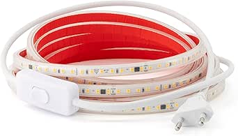PLAYLUZ Tira Led de 220v 2835 120 Led/m ALTA LUMINOSIDAD, Adhesiva y INTERRUPTOR. IMPERMEABLE Blanco Frío/Neutro/Cálido Waterproof IP67 strip (Blanco Frio, 1M)