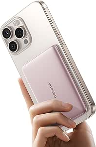 Baseus Magsafe Power Bank Ultra Slim - Banco de energía magnético Ultraligero para iPhone 16/15/14, Mini Wireless 5000 mAh, USB-C PD 20 W, batería Externa con Pantalla LED, Color Rosa