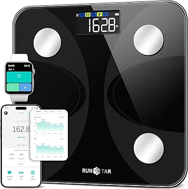 RunSTAR Körperfettwaage, Personenwaage Digitale mit großem Display, Analysator für 13 essentielle Körperwerte, mit App-Synchronisierung