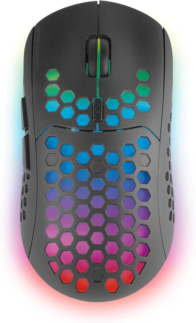 Mars Gaming MMW3, Ratón Gaming Inalámbrico Ultraligero Hive, RGB Flow, Sensor 3200 dpi, Switches Mecánicos HUANO, Batería Recargable, 2.4G USB, Negro