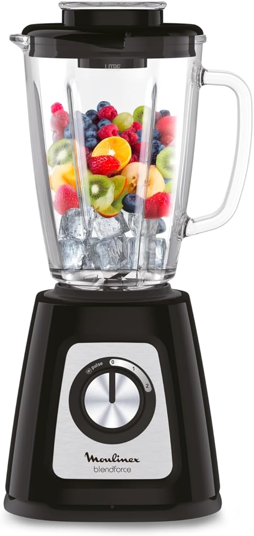 Moulinex Batidora de vaso Blendforce 2 - Jarra de vidrio 1,25 L útil, potencia 800 W, bloqueo inteligente, picadora hielo, smoothies, sopas, salsas, cremas para untar, granizados, color negro, LM4308