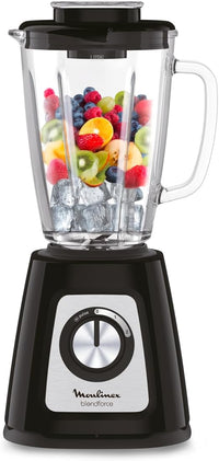 Moulinex Batidora de vaso Blendforce 2 - Jarra de vidrio 1,25 L útil, potencia 800 W, bloqueo inteligente, picadora hielo, smoothies, sopas, salsas, cremas para untar, granizados, color negro, LM4308