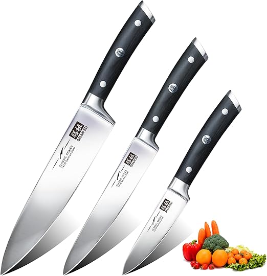 SHAN ZU Juego de 3 Piezas de Cuchillos de Cocina, Cuchillo de Chef 20cm de Acero Inoxidable Alemán, Cuchillo Universal 15cm, Cuchillo Puntilla para Pelar 9,5cm, Cuchillos para Fruta y Verdura, Carne