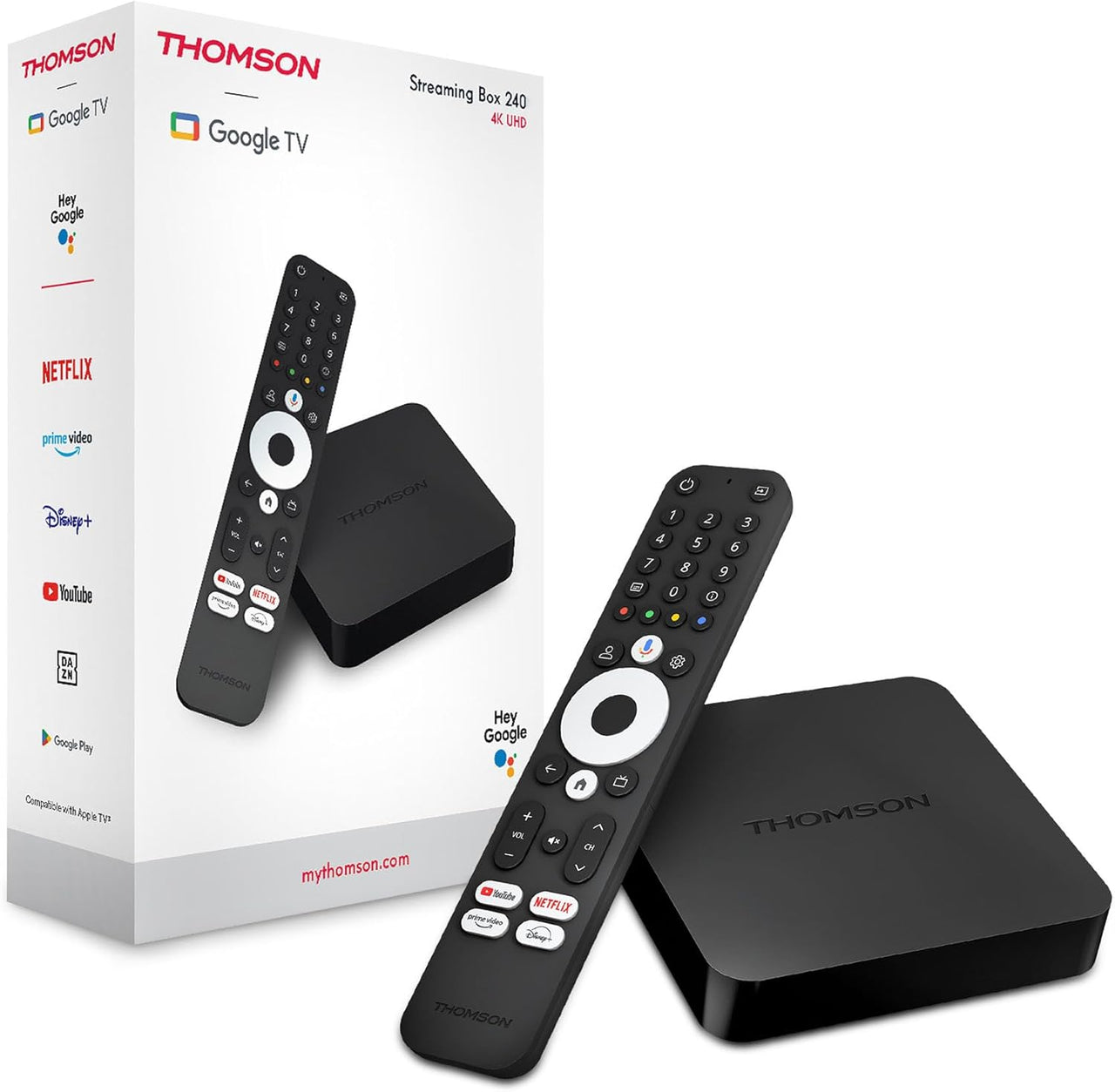 THOMSON Google TV Streaming Box 240, 4K UHD, Google Assistant, Google Cast, Wi-Fi, Bluetooth 5.0, HDMI 2.1, Dolby Atmos, Dolby Digital+, HDR10, 2 GB RAM, 8 GB Memoria