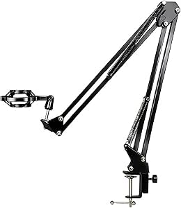 LxsNyvantic Brazo de micrófono con shock mount y pinza de escritorio, brazo plegable de 4 ejes con giro 360°, soporte Ø45–51 mm antideslizante, ideal para podcast, streaming y home-studio