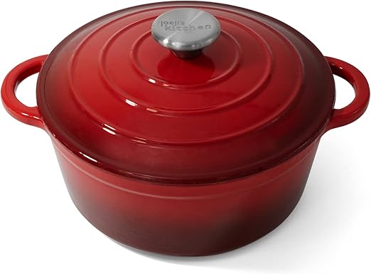 Joeji's Kitchen Olla de hierro fundido rojo con tapa para horno y encimera Cazuela esmaltada antiadherente para cocinar y horno Versátil 2,7 L para guiso asado lento y horneado