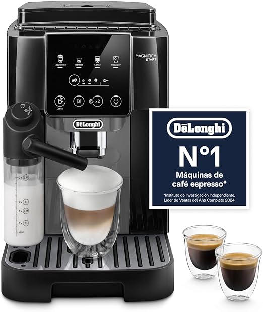 De’Longhi Magnifica Start – Perfetto Cafetera Superautomática, LatteCrema Jarra de leche automática, 4 Bebidas One-Touch, Controles Soft Touch, Negro y Gris (ECAM222.60.BG)