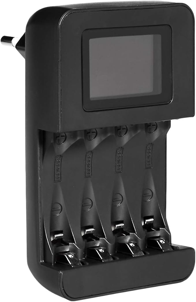 Amazon Basics Cargador de Inteligente y Digital de para AA, AAA Pilas, 4 Canales de Carga Individuales, Negro
