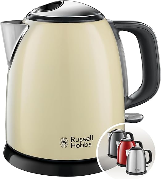 Russell Hobbs Hervidor de Agua Eléctrico Colours Plus - 1 litro, Hervidor Pequeño, 2400 W, Filtro Extraíble, Zona de Ebullición Rápida, Base de 360°, Indicador Nivel de Agua, Inox., Crema - 24994-70
