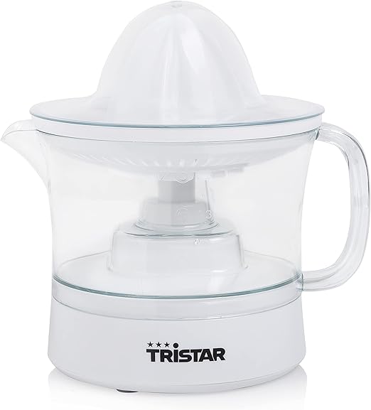 Tristar CP-3005 Exprimidor de cítricos · 25W · Capacidad de 0.5 L, 2 conos de diferente tamaño incluidos, Jarra extraíble, Tapa transparente antipolvo, libre de BPA, blanco